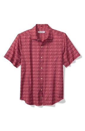 Tommy Bahama Bahama Coast Tile Isle Geo Print IslandZone Short Sleeve Button-Up Shirt in Plum Raisin at Nordstrom, Size Large