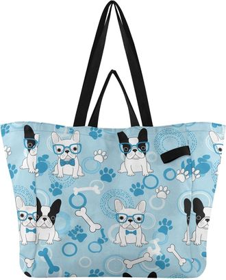 Generic Bulldog Blue Paw print Reusable Canvas Tote Bag, Heavy Duty Grocery Shopping Bag with Hard Bottom Double Handles Large Capacity Work Groceries Travel