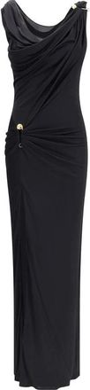 Versace Kleedjes, Dames, Zwart, S, Gedrapeerde Jersey Jurk met Gouden Details