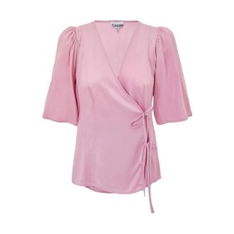Ganni Roze Satijnen Kruisvoorkant Top - Dames - Blouses - Roze - S - Satijn - Overhemden