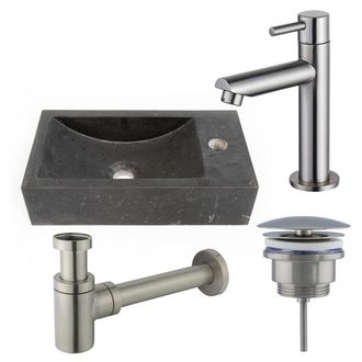 Saniclass Fuente fonteinset - 40x22 - 1 kraangat - rechts - natuursteen - fonteinkraan Geborsteld RVS PVD (RVS) - donker