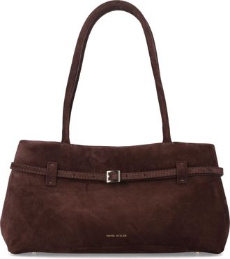 Manu Atelier Elongated Suede Handbag With Magnetic Closure And Double Top Handles