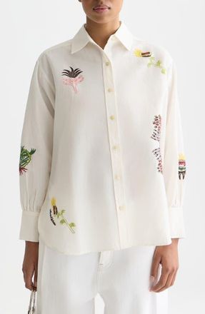 Scotch & Soda Embroidered Cotton & Linen Button-Up Shirt in Eggnog at Nordstrom, Size 12 Us