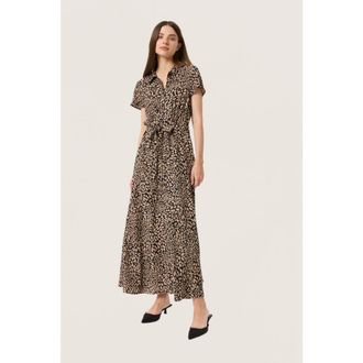 Soaked In Luxury SLNaya Short Sleeves Button Maxi Dress in Black With Brown Dots at Nordstrom, Size X-Small