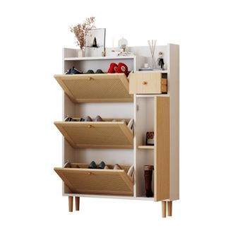 STILVORA Mueble Zapatero Con 3 Puertas Abatibles Y 1 Caj&oacute;n, Rat&aacute;n, Patas De Madera, En Mdf, 90&times;17&times;125 Cm, Natural Blanco