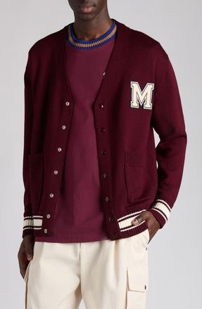Moncler Monogram Patch Virgin Wool Cardigan in Catawba Grape at Nordstrom, Size Xxx-Large