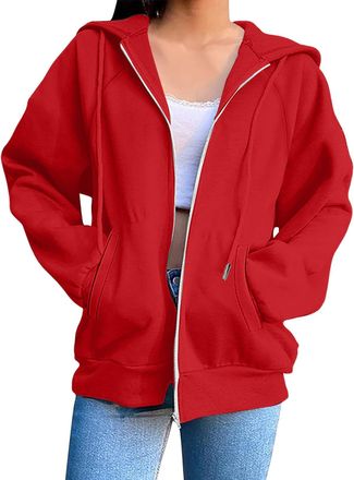 Generic KUIH Zip Up Sweatshirts for Women Casual Zipped Hoodies Solid Color Loose Long Sleeve Jacket Womens Zipper Hoodies Pullover Sweaters Hooded Top Coats 