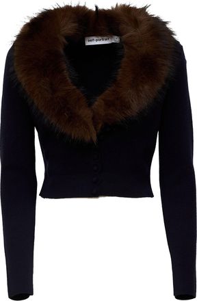 Self Portrait Navy Faux Fur Knit Cardigan