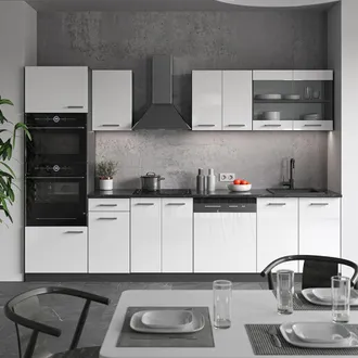 Vicco Mueble De Cocina R-line, Blanco Brillo/antracita, 300 Cm Con Armario Alto, Sin Encimera