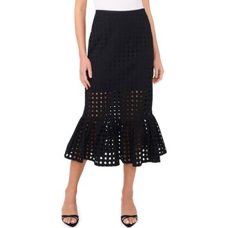 CeCe by Cynthia Steffe Eyelet Ruffle Hem Cotton Midi Skirt in Rich Black at Nordstrom, Size 10