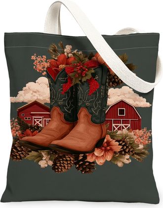 Generic Floral Canvas Tote Bags, Country Boots Pattern Reusable Grocery Bags, Autumn Vintage Lightweight Washable Shoulder Strap Fo, Dark Green, 13x15 Inch
