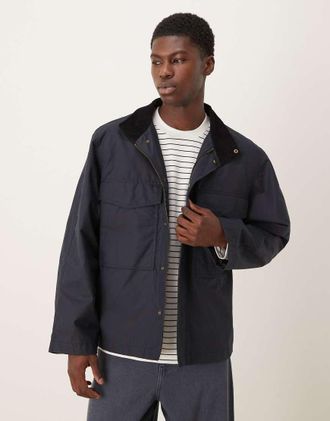 Selected Giacca squadrata blu navy in 100% cotone cerato