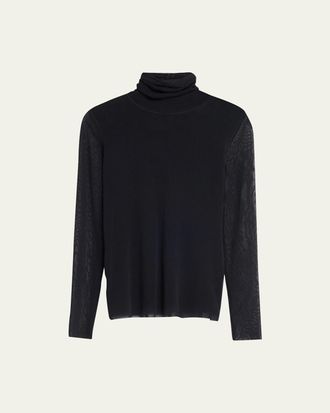 Fuzzi Long-Sleeve Turtleneck Tulle Blouse