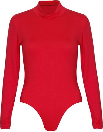 Purple Hanger Womens Polo High Turtle Neck Ladies Long Sleeve Stretch Popper Stud Fastening Leotard Bodysuit T-Shirt Top Red Size 20-22