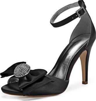 Generic Wedding Shoes Womens High Heels Satin Bridal Shoes Open Toe Stiletto Sandals Ankle Strap Prom Party Dress High Heel 10.5Cm,Black,8 UK