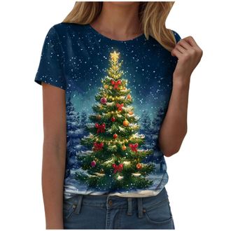 Generic Christmas Tshirts Women Xmas Tops Ladies Snowflake Christmas Printed Round Neck Short Sleeved T Shirt Top Tunic Shirts Funny Xmas Tree Cute Print Blou