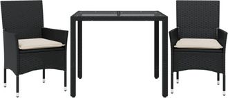 vidaXL Set Comedor Jard&iacute;n 3 Pzas Cojines Rat&aacute;n Sint&eacute;tico Vidrio Negro Vidaxl