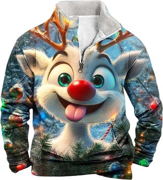 Generic Mens 1/4 Zip Christmas Sweatshirt Xmas Tree Pullover Ugly Christmas Jumper Long Sleeve Sweater Fleece Stand Collar Sweatshirts Reindeer Snowflakes Pri