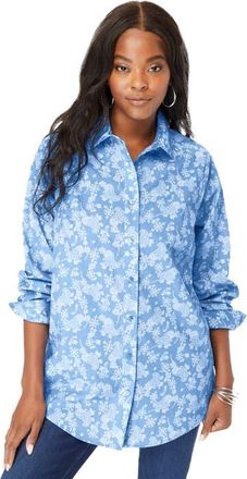 Roaman's Plus Size Kate Long Sleeve Easy Cotton-Blend Button-Front Shirt in Horizon Blue Geo Paisley at Nordstrom, Size 26
