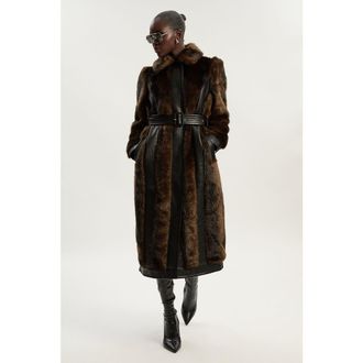 Karen Millen Petite Faux Fur Belted Midi Coat in Chocolate at Nordstrom, Size 10P