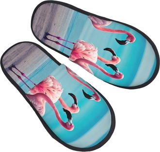 Generic Fluffy House Slipper Flamingo Beach print Mens Slipper Soft Womens Slippers for Hotels Family Indoor M