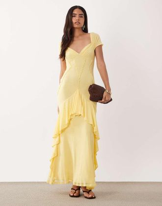 Asos Vestito lungo in rete color limone con volant-Giallo