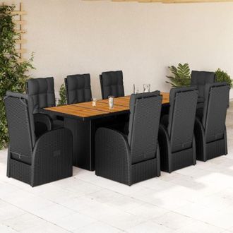 vidaXL Set De Comedor De Jard&iacute;n 9 Pzas Y Cojines Rat&aacute;n Sint&eacute;tico Negro Vidaxl