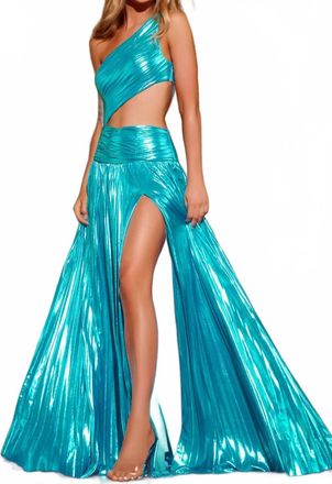Jovani Striking Asymmetrical Cutout Metallic Gown In Turquoise