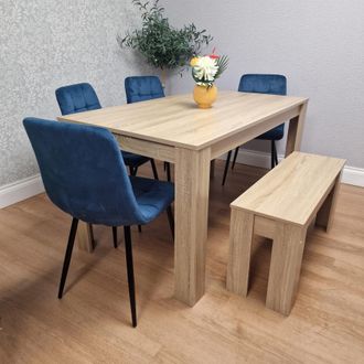 Kosy Koala Modern Oak Effect Dining Table Set With 4 Blue Velvet Chairs & Bench Dining Room Furniture in Brown