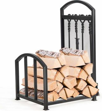 Costway Costway - Estante Para Le&ntilde;a Con 4 Herramientas, Juego De Almacenamiento De Le&ntilde;a Para Chimenea Con Marco De Acero, Juego De Apilador De Le&ntilde;a Con Pinza,