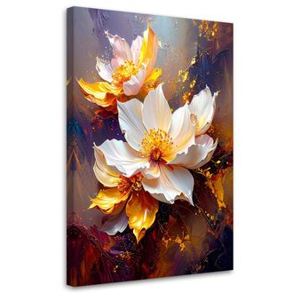Feeby Cuadro Sobre Lienzo Flores Color Crema Con Luz Dorada Sobre Fondo Azul Oscuro 80x120