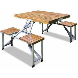 Deuba Mesa Plegable De Camping Para 4 Personas 85x72cm 4 Taburetes Aluminio Y Madera Picnic Mesita Jard&iacute;n - Deuba