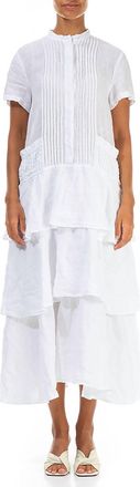 Grizas Linen Pleated Front Dress With Tiered Skirt In White