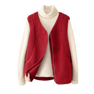 Generic Womens Teddy Fleece Gilet V Neck Zip Up Waistcoat Casual Sleeveless Vest Tops Winter Lightweight Solid Body Warmers Ladies Cozy Outdoor Fluffy Jacket 
