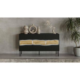 Dmora Aparador Saliceto, Aparador De Sal&oacute;n Con Tres Puertas Batientes Y Compartimentos Interiores, Elevado Del Suelo, 144x40 H80 Cm, Negro Y Nudos De Roble