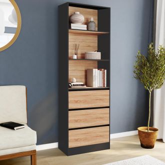 IDMarket Carla Libreria A 3 Livelli Con 3 Cassetti Neri Ed Effetto Legno H.190 Cm