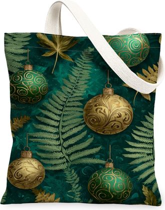 Generic Christmas Ornament Canvas Tote Bags, Holiday Design Reusable Grocery Bags, Winter Vintage Nature Pattern Lightweight Washab, Green, 13x15 Inch