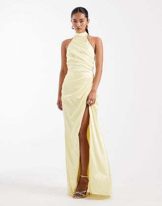 Tfnc Vestito lungo da cerimonia color limone in raso allacciato al collo con pieghe-Giallo