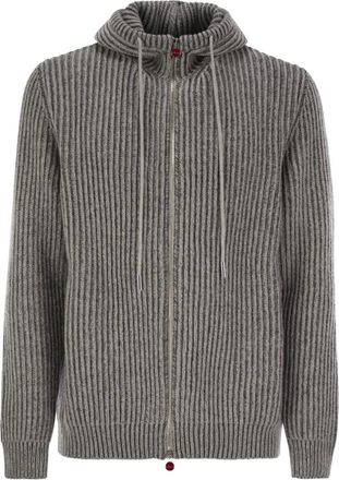 Kiton Cardigan a coste con cappuccio - Grigio