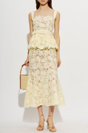 Self Portrait Lace Dress With Belt, Womens, Yellow