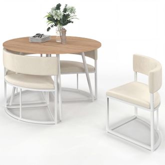 IDMarket Set Composto Da Tavolo E 4 Sedie Incastrabili Milene In Metallo Bianco, Con Piano Effetto Faggio E Rivestimento In Velluto Beige