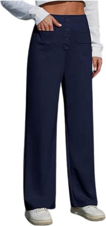Generic Wide Leg Trousers for Women UK Tailored Office Work Stretch Yoga Pants Ladies Elasticated High Waisted Button Multiple Pockets Pull On Straight Leg Jo
