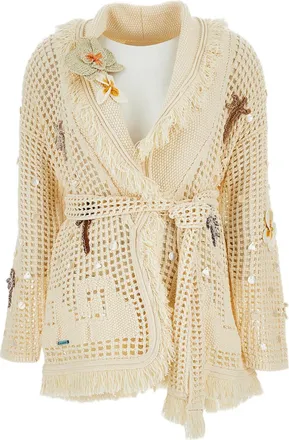 Alanui Intricately Stitched Long Cardigan with Mother-of-Pearl Accents
