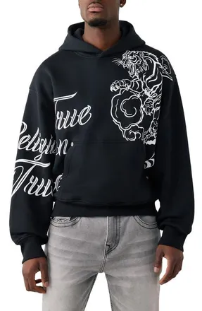 True Religion Tiger Script Boxy Hoodie in Jet Black at Nordstrom, Size Xxx-Large