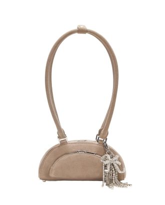 Self Portrait Mini Taupe Suede Shoulder Bag With Detachable Bow Charm