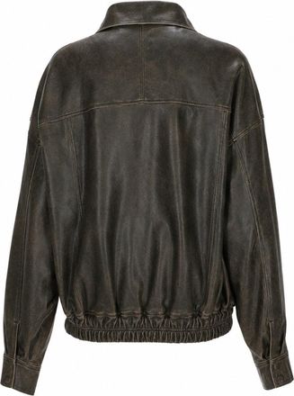 Alysi Distressed Leather Bomber Jacket - Brown