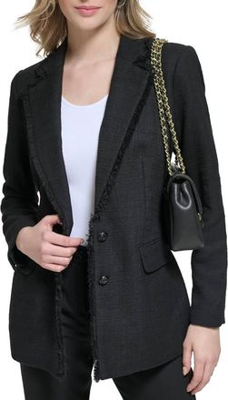 Karl Lagerfeld Frayed Edge Detail Tweed Blazer In Black