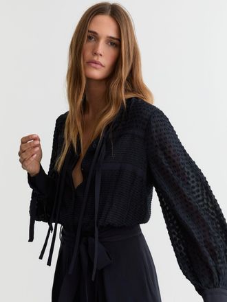 Reiss Navy Embroidered Long-sleeve Belted Playsuit, 14