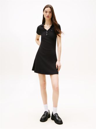 Tommy Jeans Polokleid TOMMY JEANS TJW F&F RIB POLO DRESS EXT, Damen, Gr. XXL (44), N-Gr, schwarz, Jersey, Obermaterial: 95% Baumwolle, 5% Elasthan, unifarben, fig