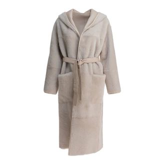 BLANCHA Cappotto con cappuccio e cintura in shearling - - Coats - Donna - Beige - S